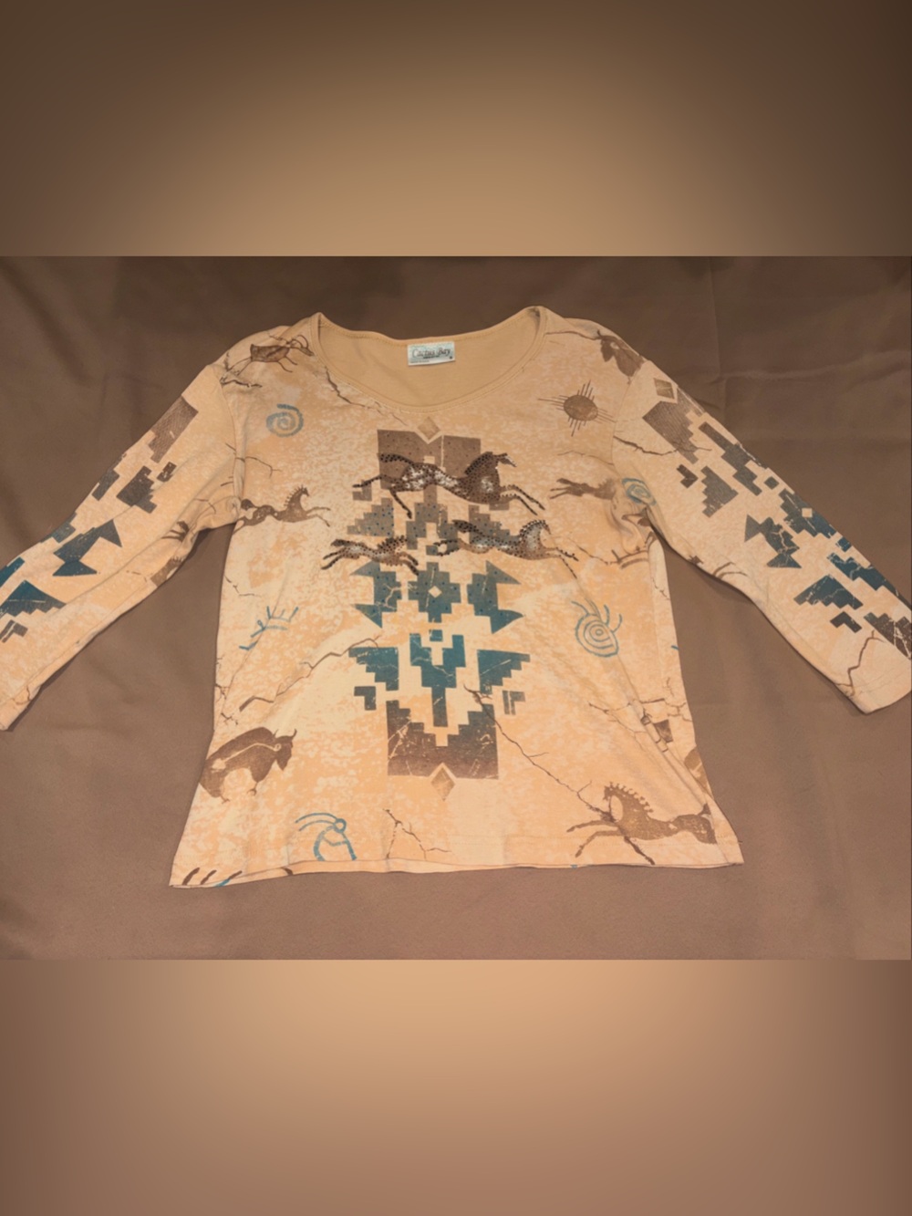 Vintage Southwestern Horse Cowgirl 90s Y2K Rhinestone Top Tan USA Western Rodeo